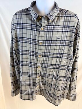 Vineyard Vines Men’s Navy and Gray Plaid Button-Down Shirt